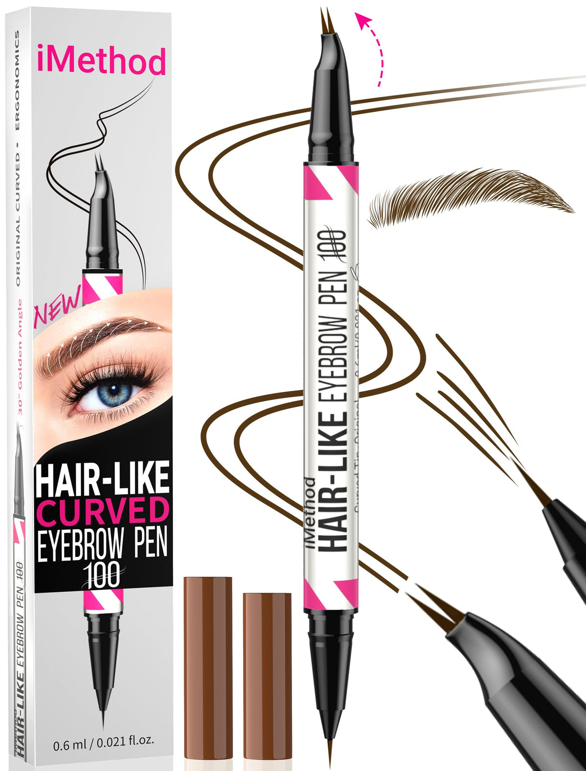 iMethod Curved Eyebrow Pen curved tip delivers hair-like strokes for natural brows.