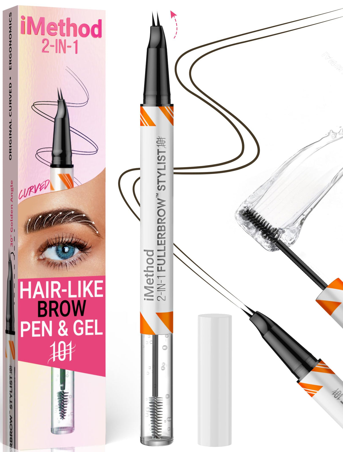 iMethod curved eyebrow pen with ergonomic tip creates natural hair-like strokes.