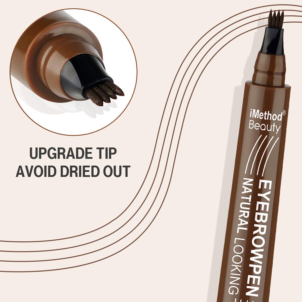 iMethod Eyebrow Pen fork-tip close-up demonstrates hair-like strokes for natural-looking brows