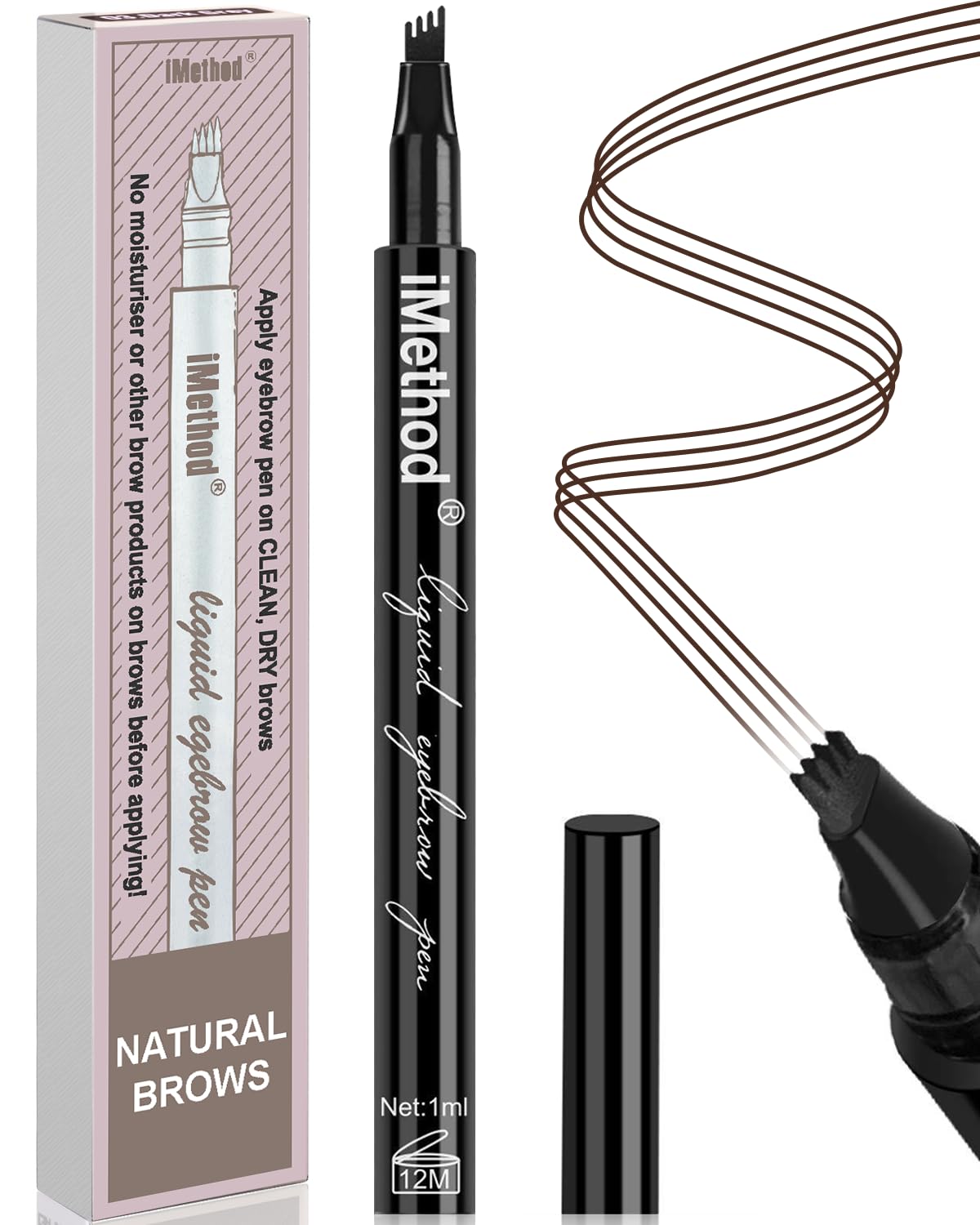 iMethod Eyebrow Pen micro-fork tip delivers precise hair-like strokes for natural brows.