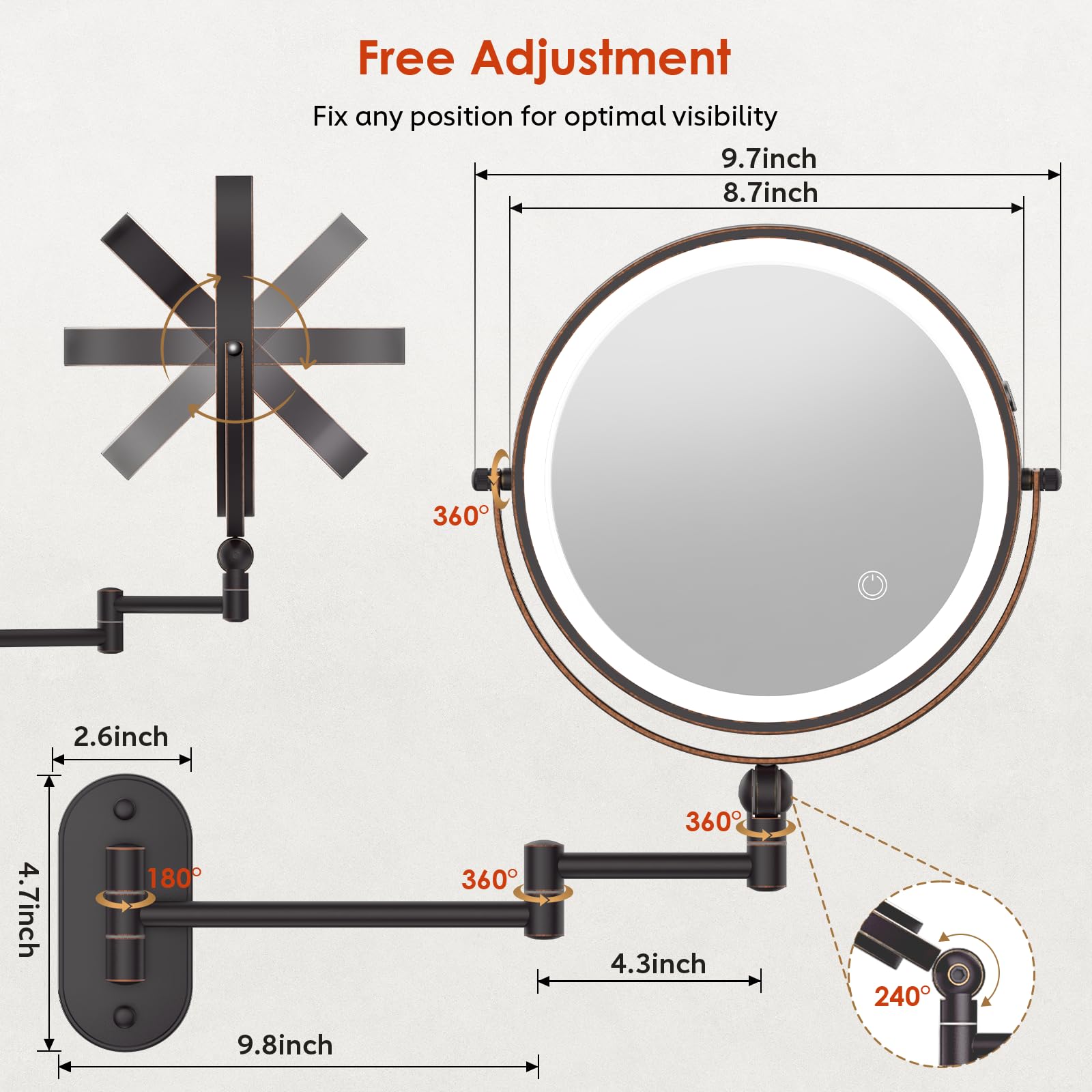 IMIKONA extendable arm wall-mount mirror showing flexible positioning for grooming.