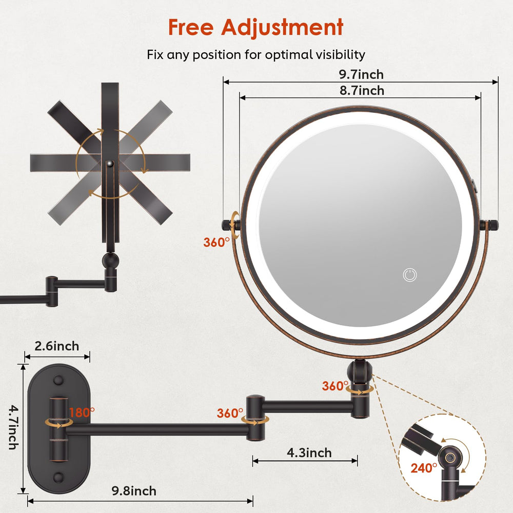IMIKONA extendable arm wall-mount mirror showing flexible positioning for grooming.
