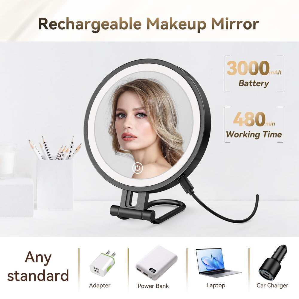IMIKONA travel mirror foldable-handle offers versatile use as hand, desk, or wall hanging