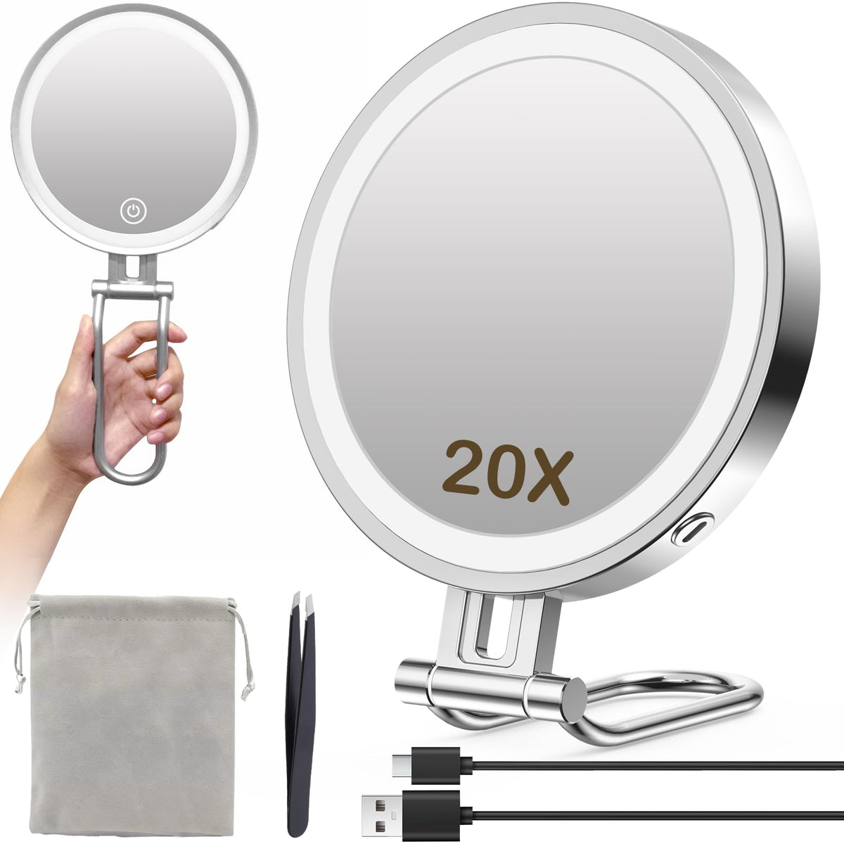 IMIKONA travel makeup mirror light panel close-up showing adjustable brightness for makeup use