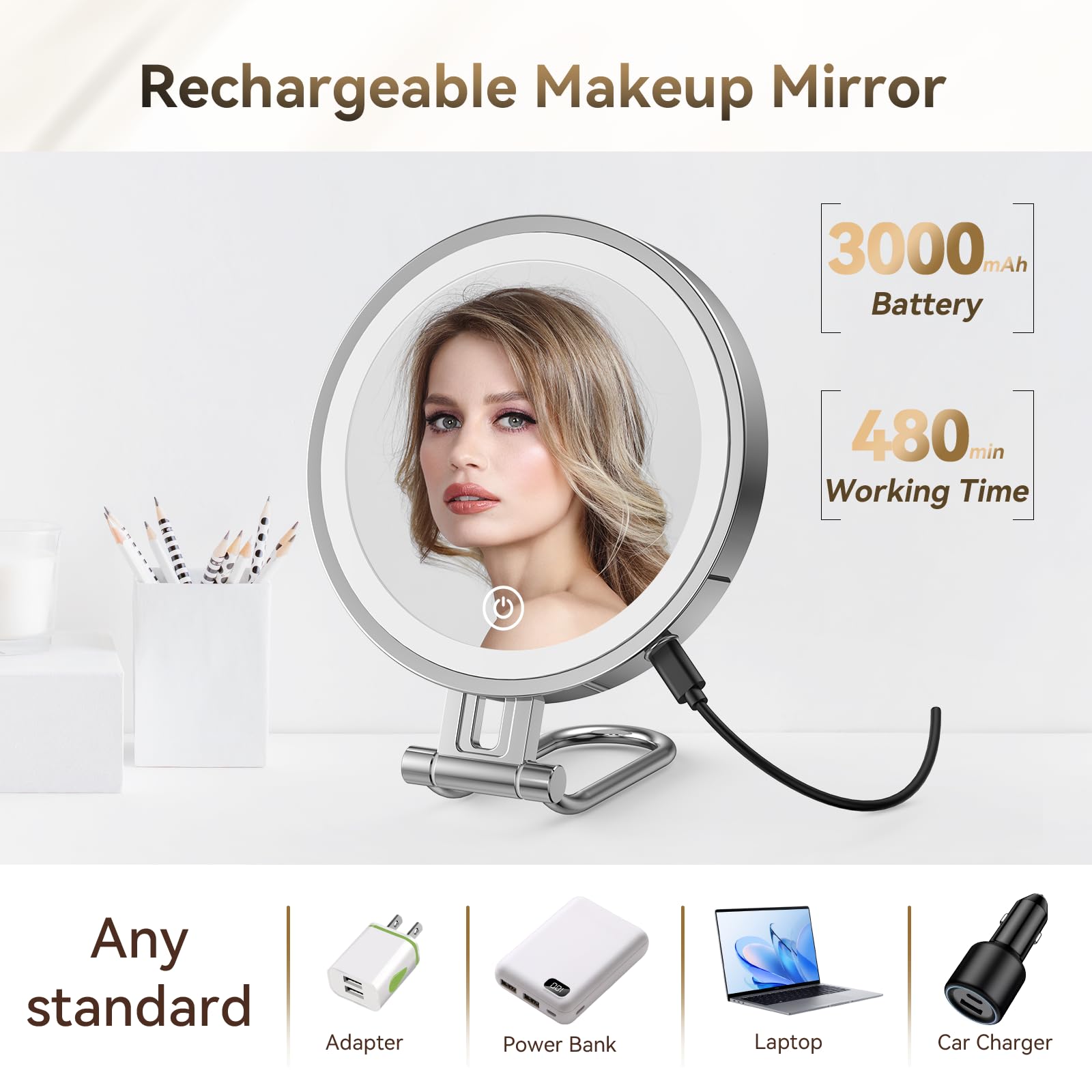 IMIKONA travel makeup mirror USB-C charging cable connected