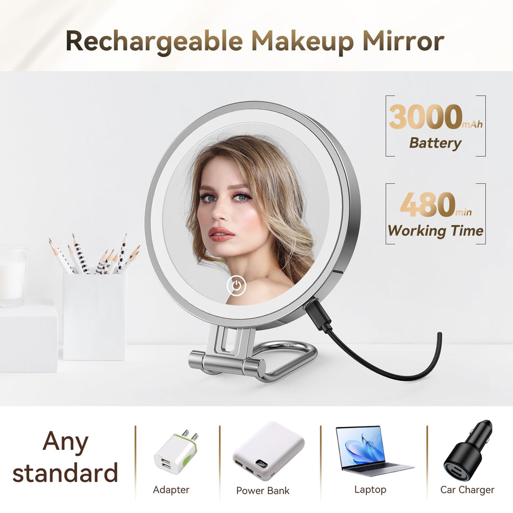 IMIKONA travel makeup mirror USB-C charging cable connected
