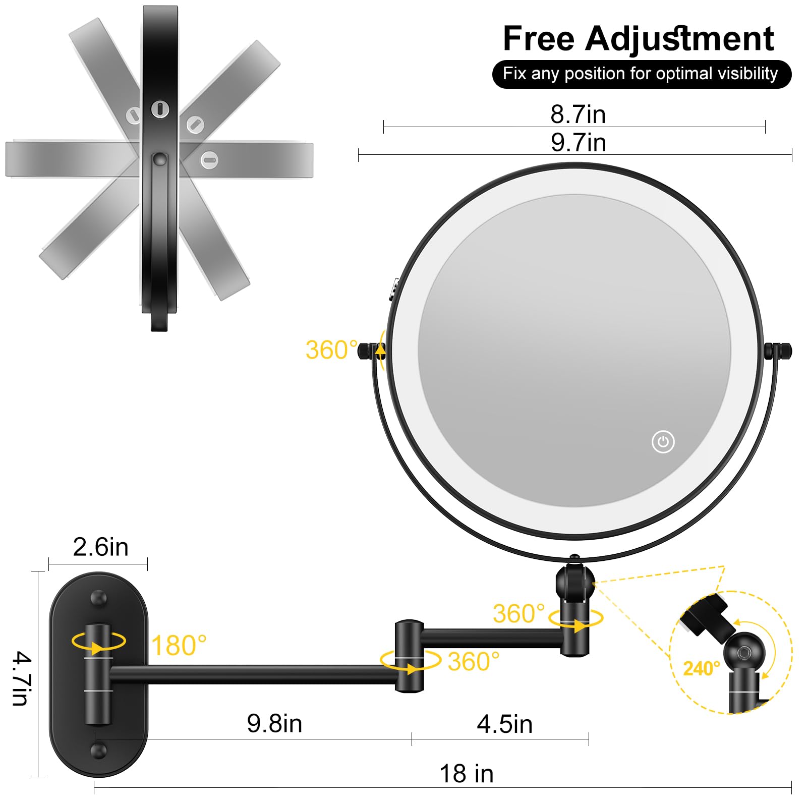 IMIKONA wall-mount mirror with 360° rotation for flexible grooming positions