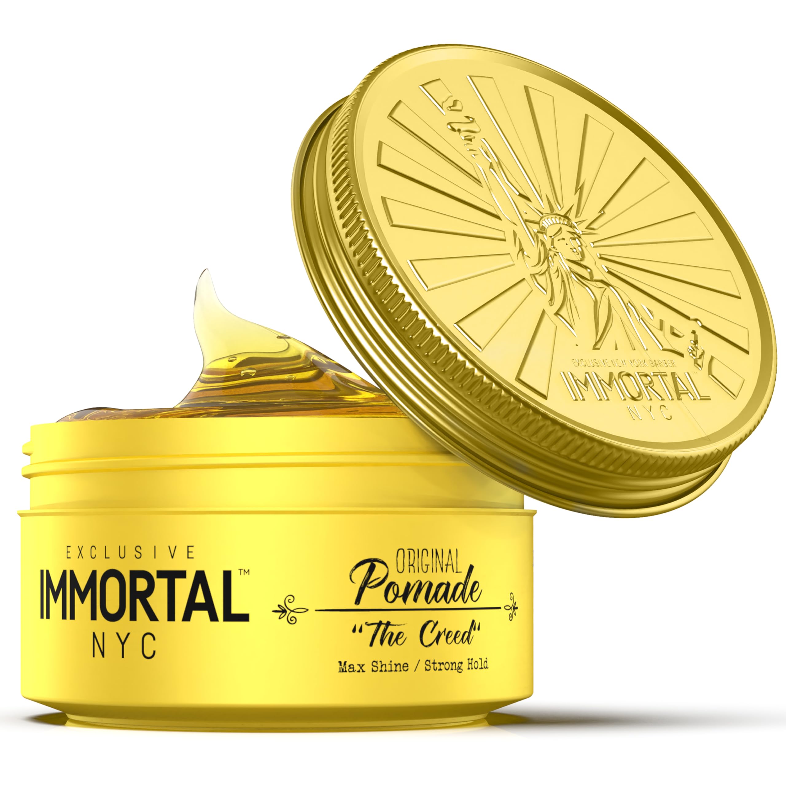 Immortal NYC Creed pomade tin close-up, showcasing premium hold and shine.