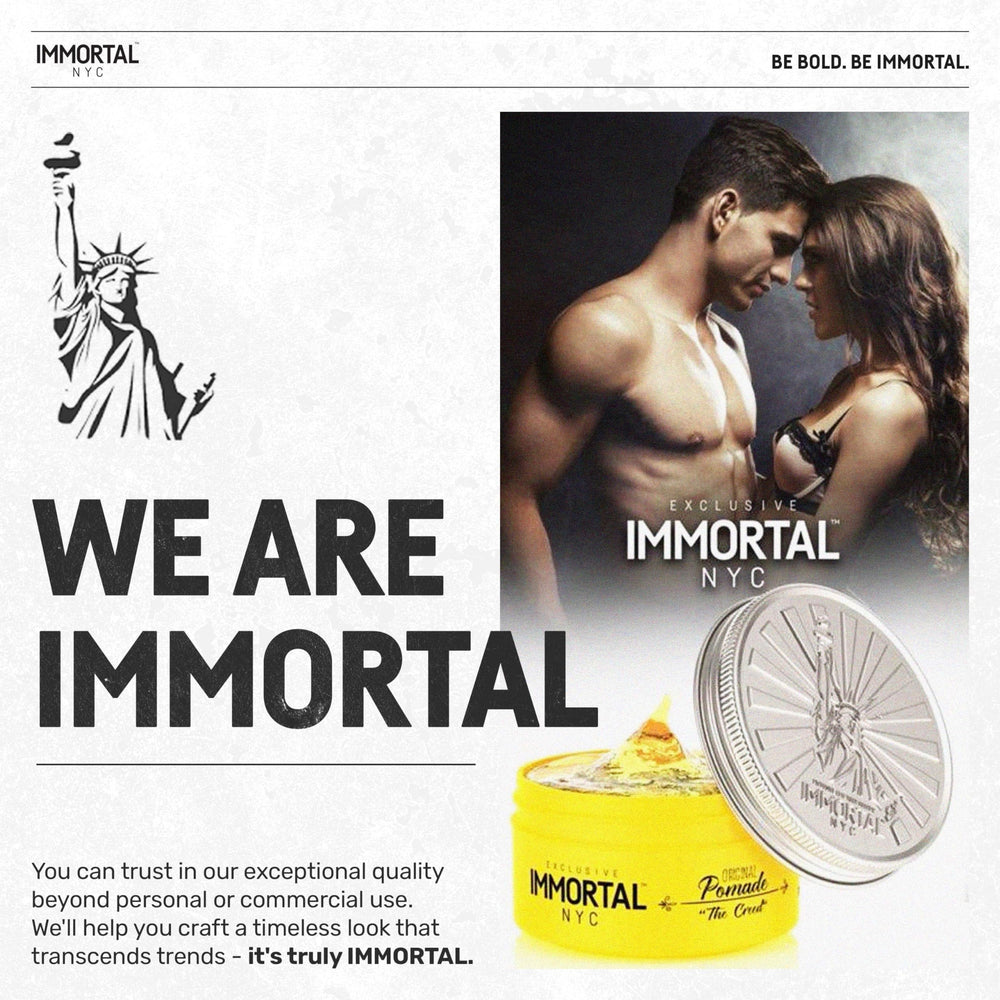 Immortal NYC Creed pomade on styled hair demonstrating all-hair-types compatibility and hold.