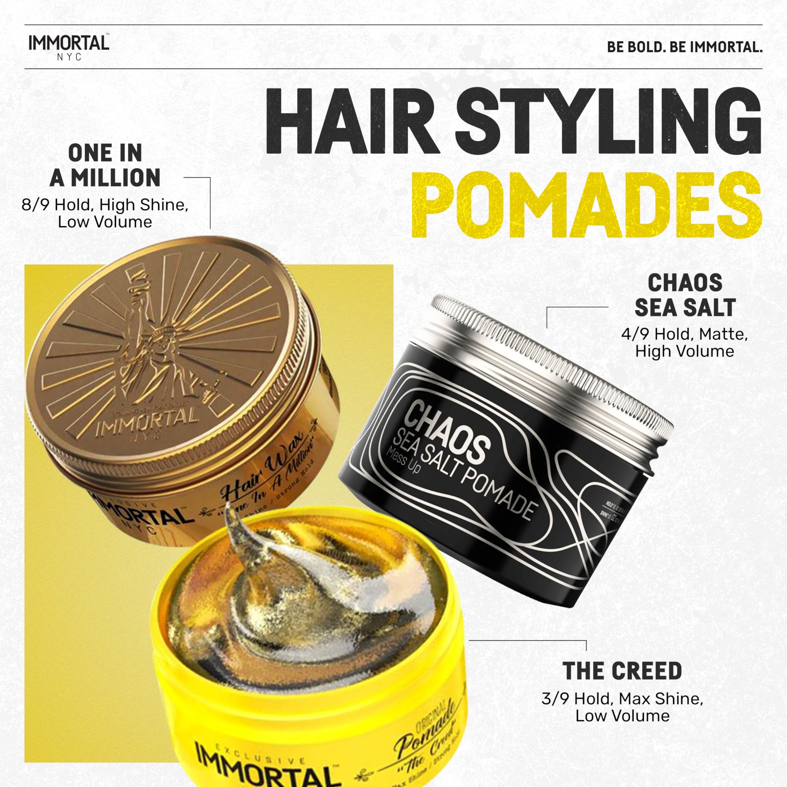 Immortal NYC Creed pomade jar showing all-natural ingredients with no harsh chemicals.