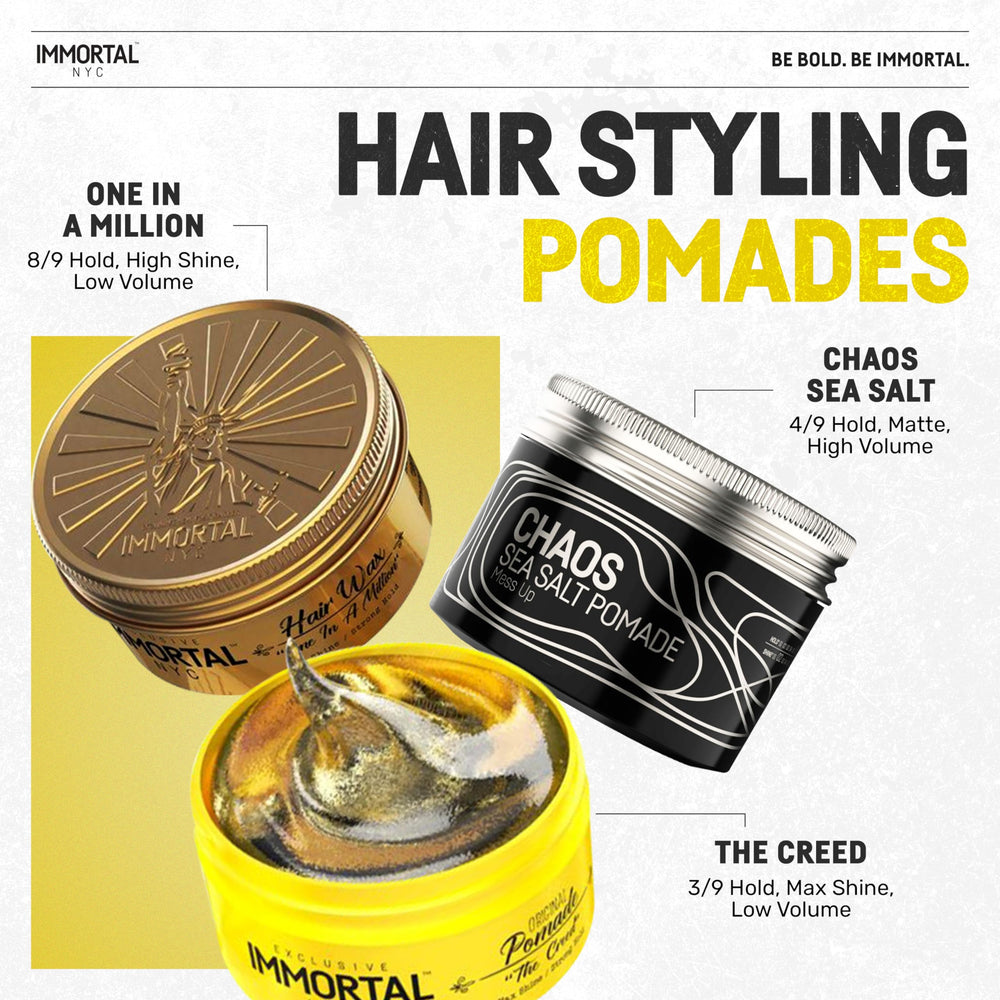 Immortal NYC Creed pomade jar showing all-natural ingredients with no harsh chemicals.