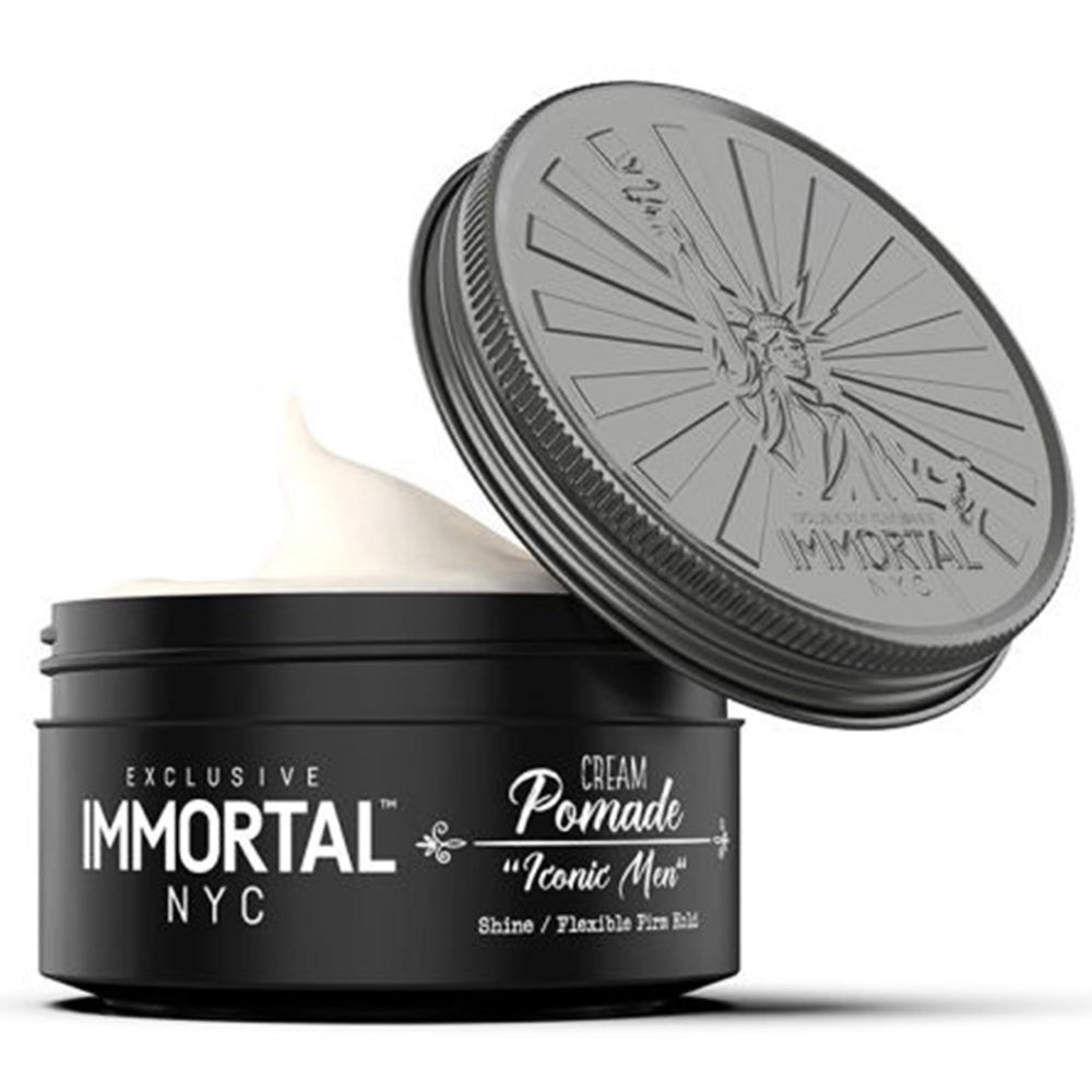 Immortal NYC Iconic Man Cream Pomade bottle shows low shine and natural hold.