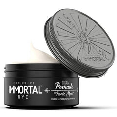 Immortal NYC Iconic Man Cream Pomade bottle shows low shine and natural hold.