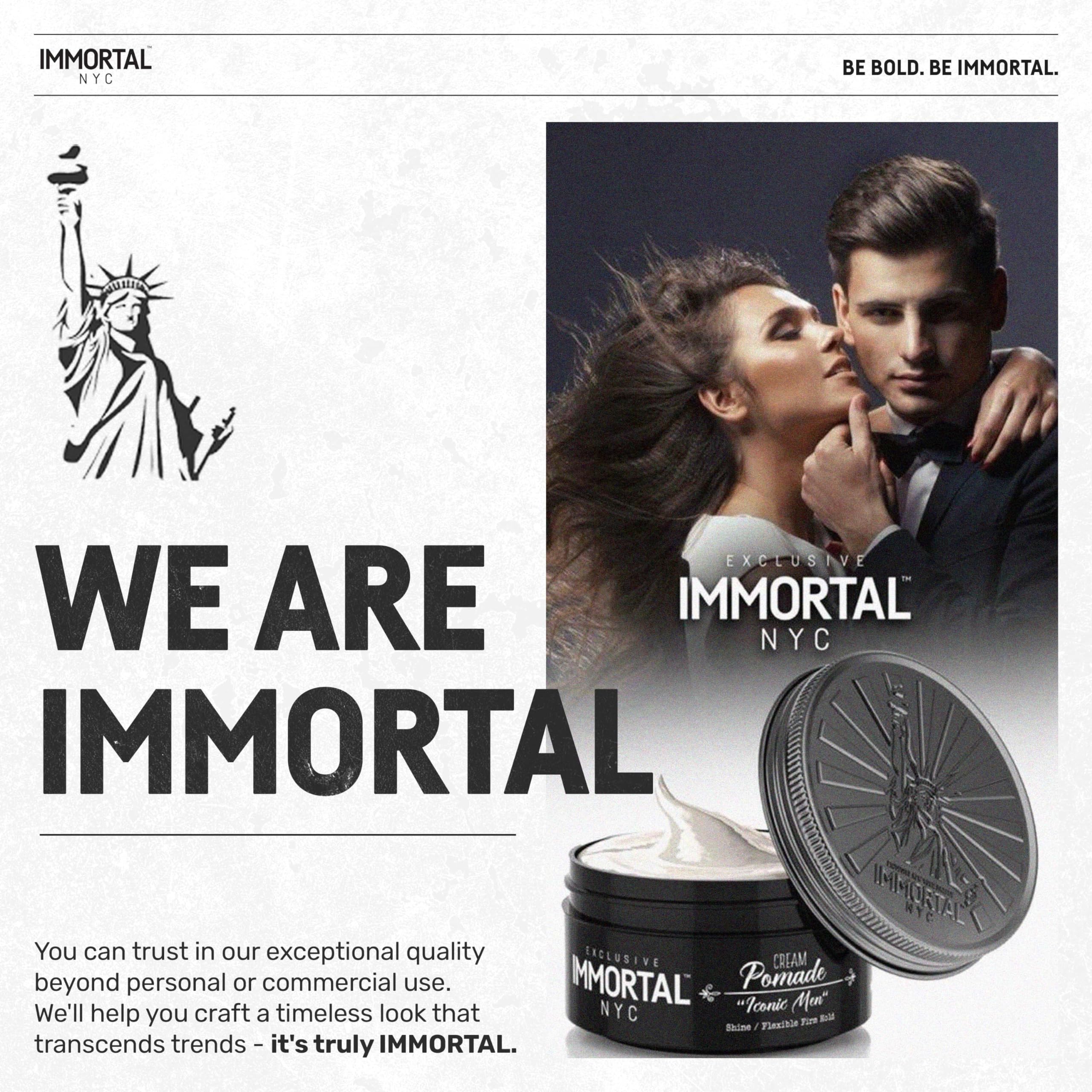Immortal NYC Iconic Man Cream Pomade packaging highlights all-natural ingredients.