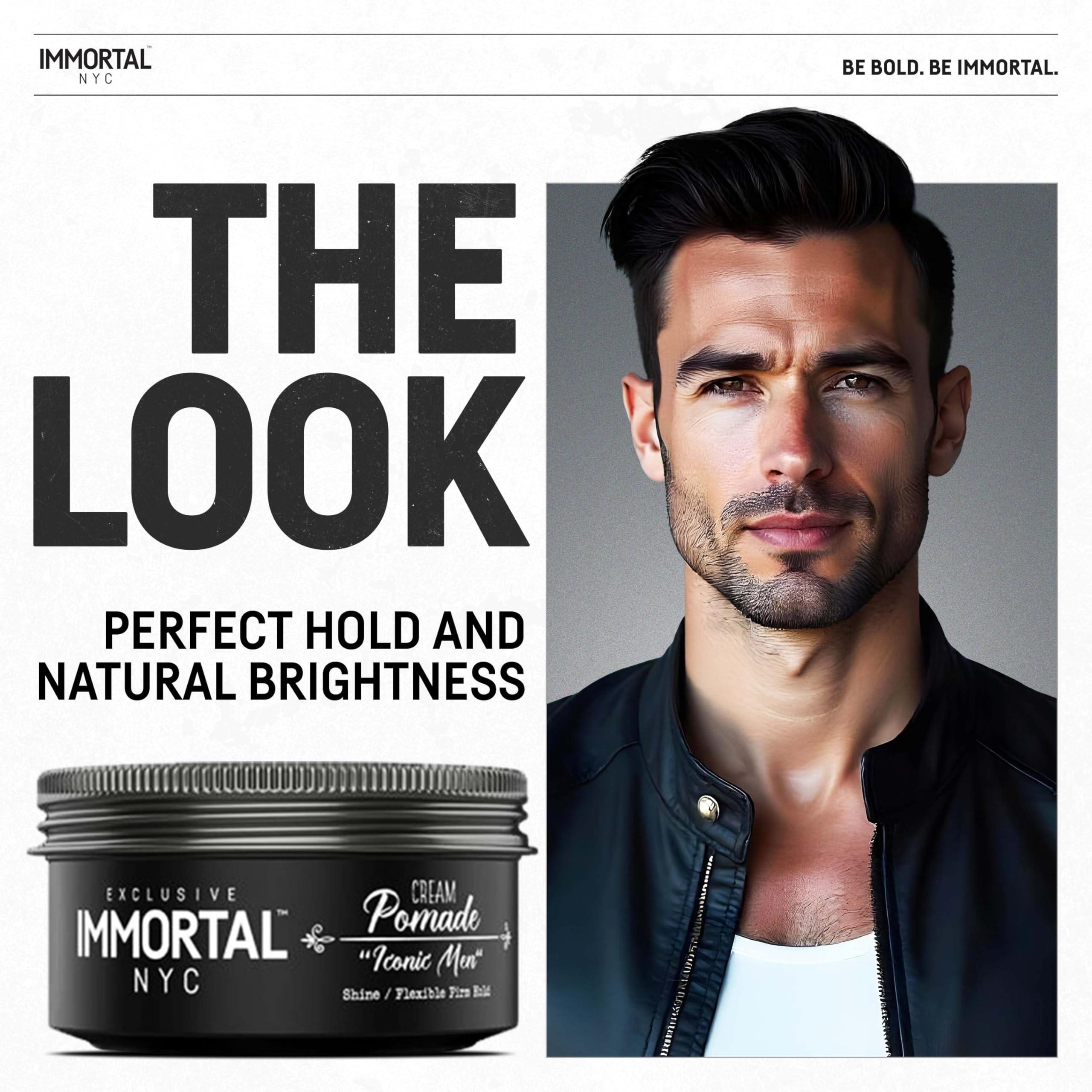 Immortal NYC Iconic Man Cream Pomade being applied for quick styling touch-ups.