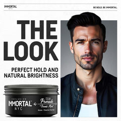 Immortal NYC Iconic Man Cream Pomade being applied for quick styling touch-ups.