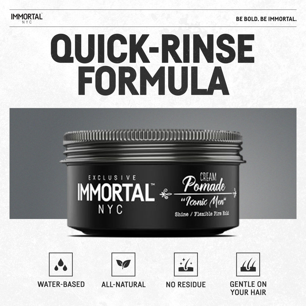 Immortal NYC Iconic Man Cream Pomade on finished look with volume and lift.