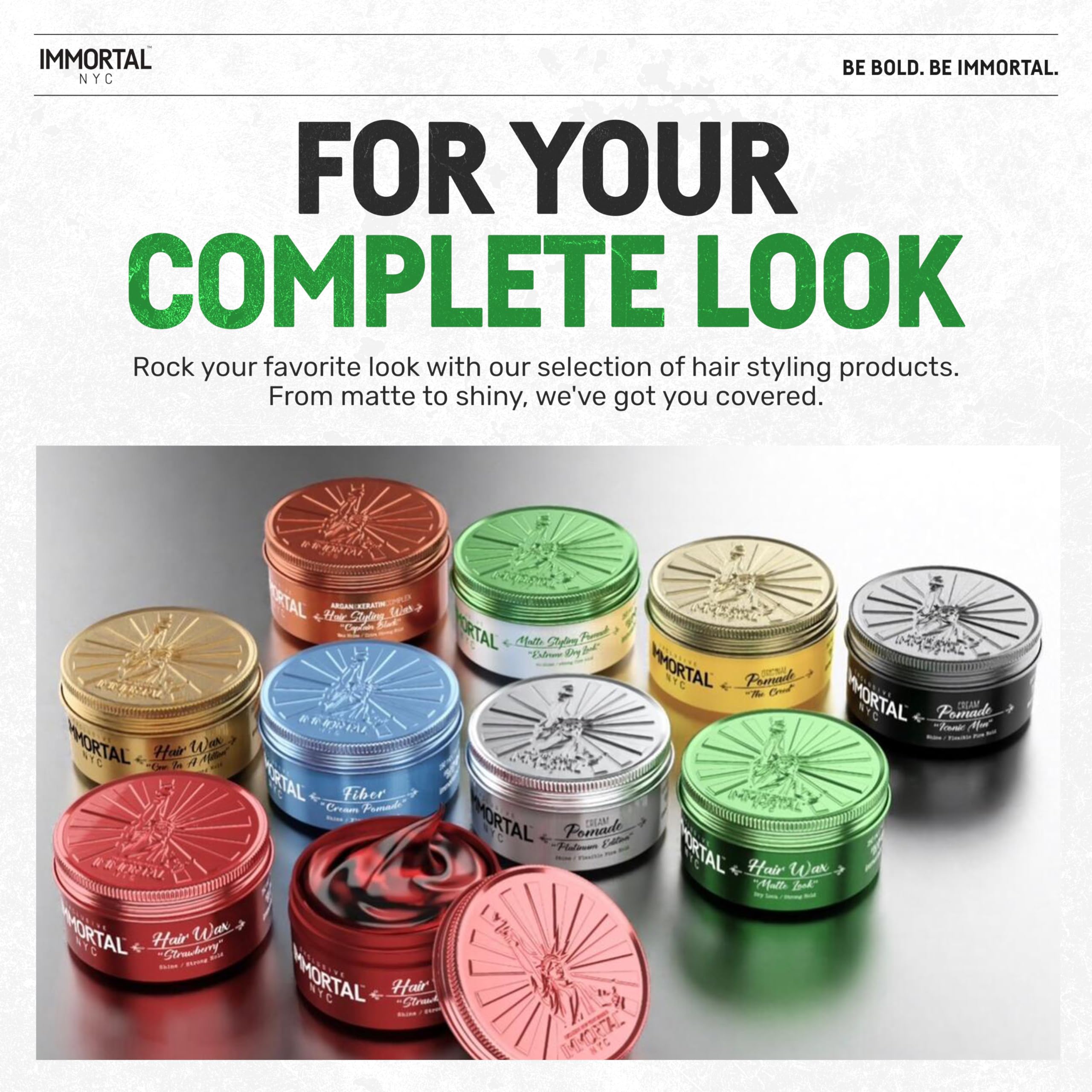 Immortal NYC Matte Look Hair Wax packaging suggests fresh, fruity scent and long-lasting feel.