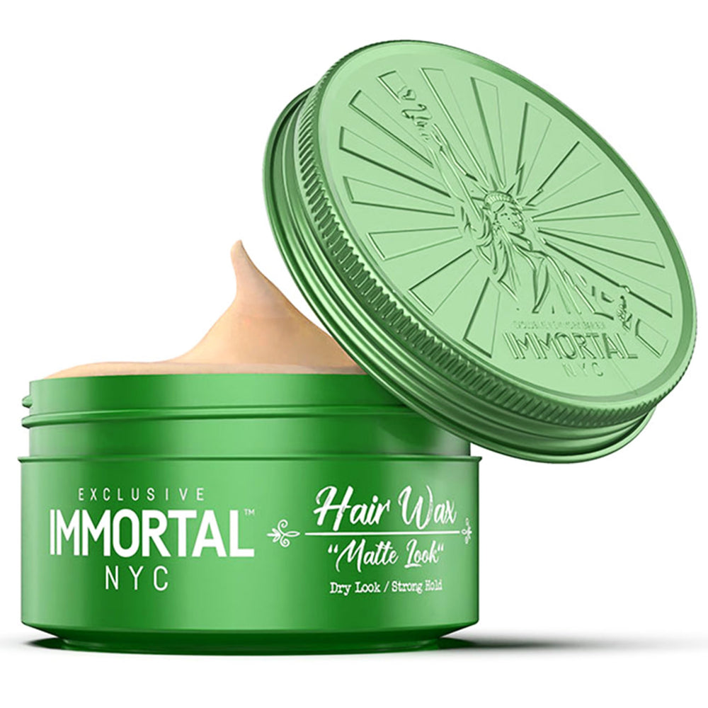 Immortal NYC Matte Look Hair Wax bottle shows matte finish and strong hold for daily styling.