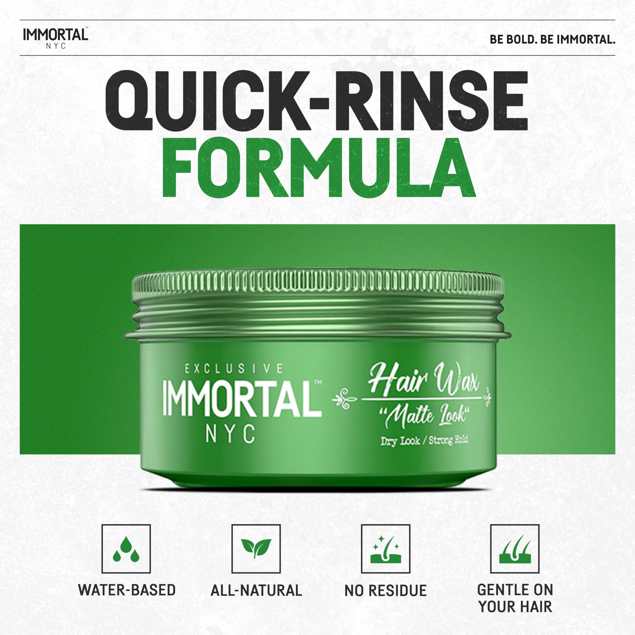 Immortal NYC Matte Look Hair Wax on natural-looking, dry-hair effect without shine.
