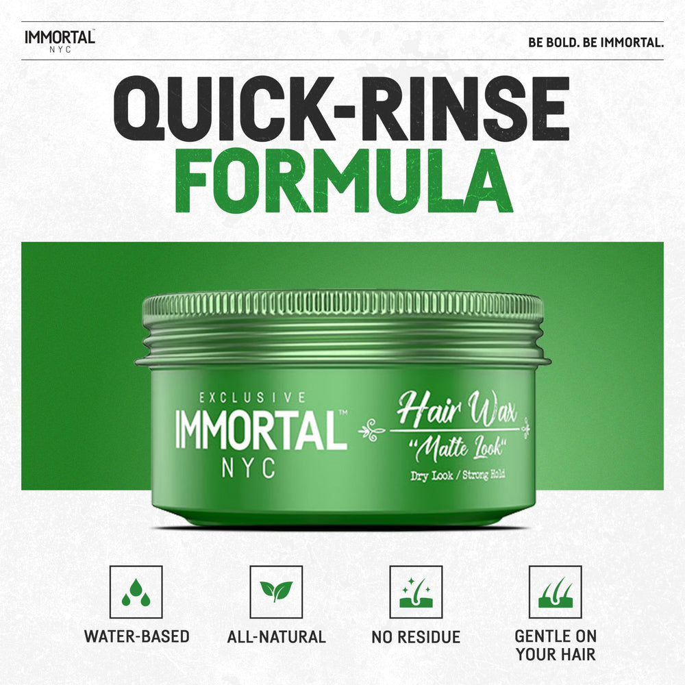 Immortal NYC Matte Look Hair Wax on natural-looking, dry-hair effect without shine.
