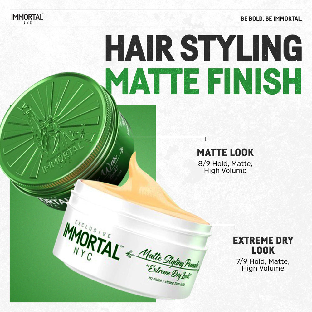 Immortal NYC Matte Look Hair Wax delivers all-day strong hold for controlled styling.