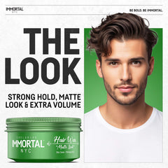 Immortal NYC Matte Look Hair Wax on textured hair highlights natural, non-shiny appearance.