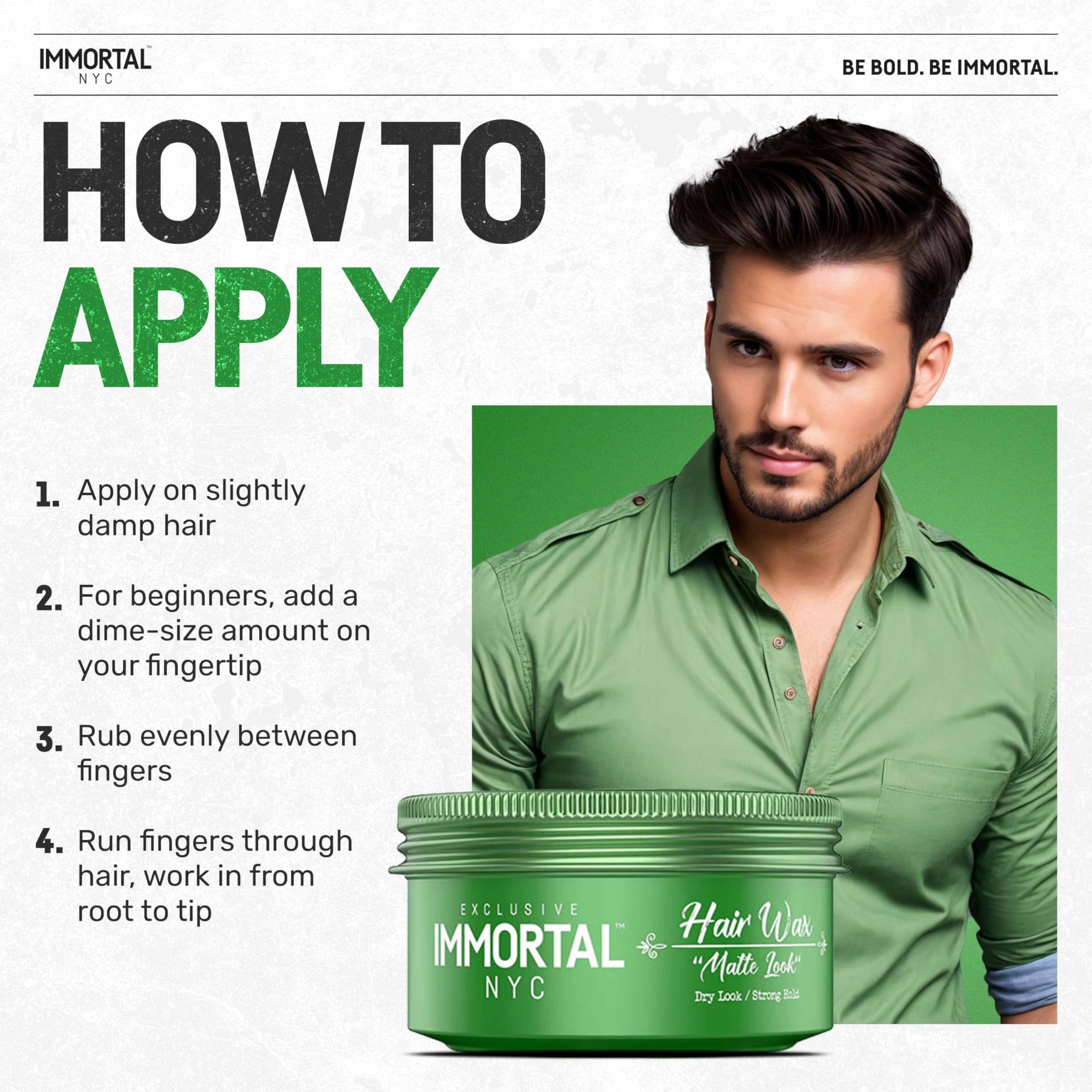 Immortal NYC Matte Look Hair Wax demonstrates volume without stiffness for fuller hair.