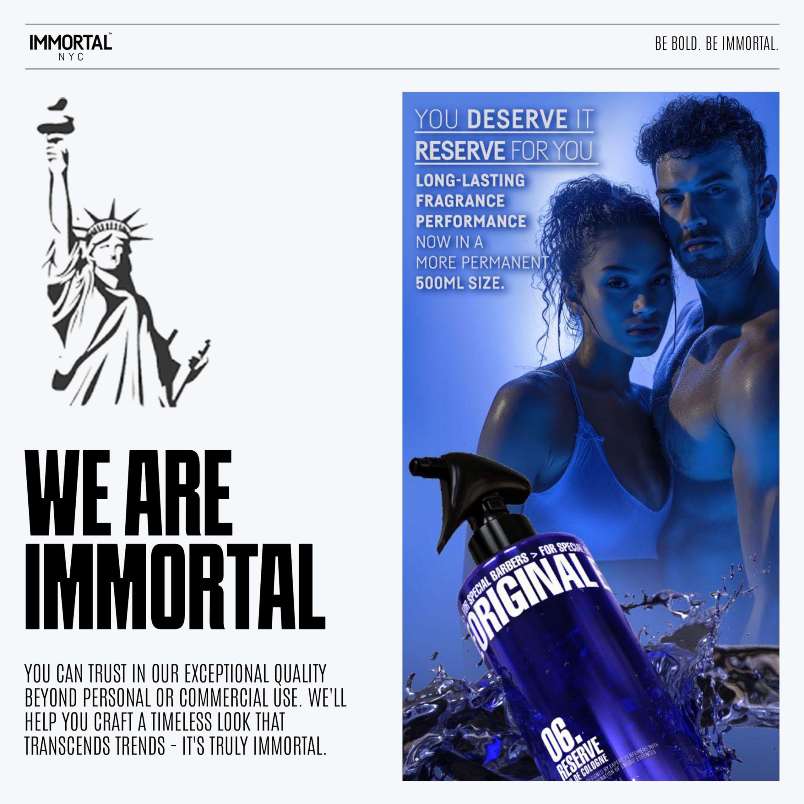 Immortal NYC Reserve 06 exclusive barbers signifier communicates professional grooming heritage.