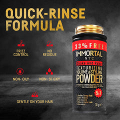 Hands applying Shake and Rake powder for quick, even texture distribution
