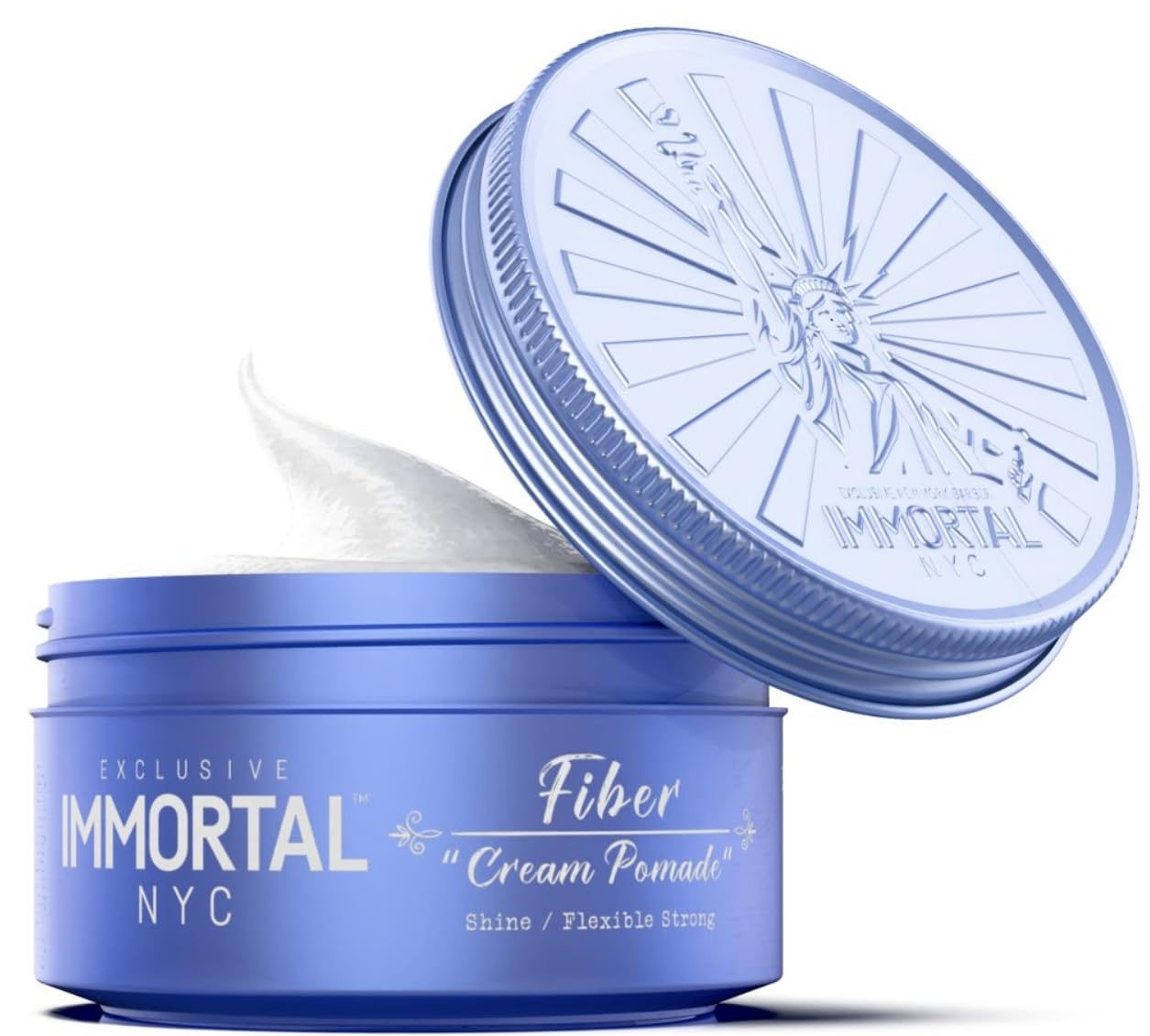 Immortal NYC Fiber Cream Pomade jar front shows matte finish and flexible hold