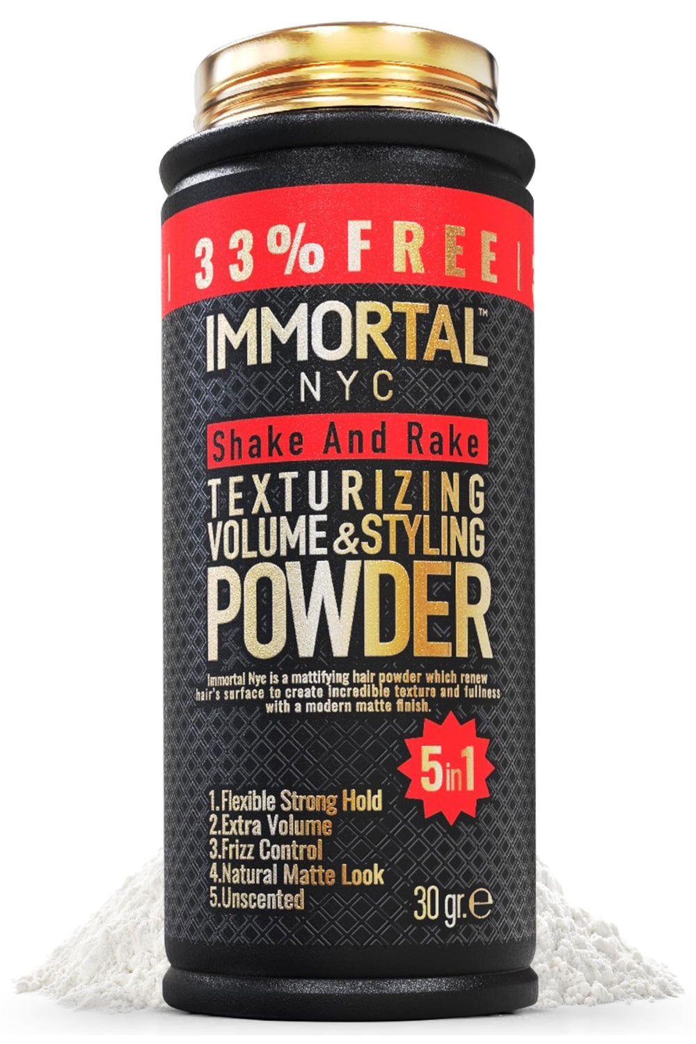 Immortal NYC Shake and Rake powder bottle close-up for portable volume and matte hold.