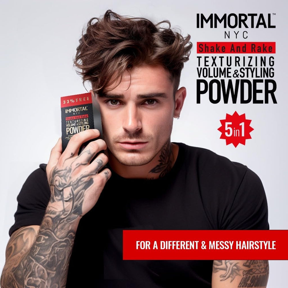 Immortal NYC Shake and Rake powder dispenser demonstrates easy application and flexible hold.