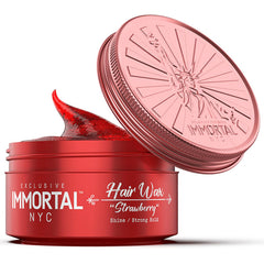 Immortal NYC Strawberry Hair Wax bottle closeup shows strong hold and shine.