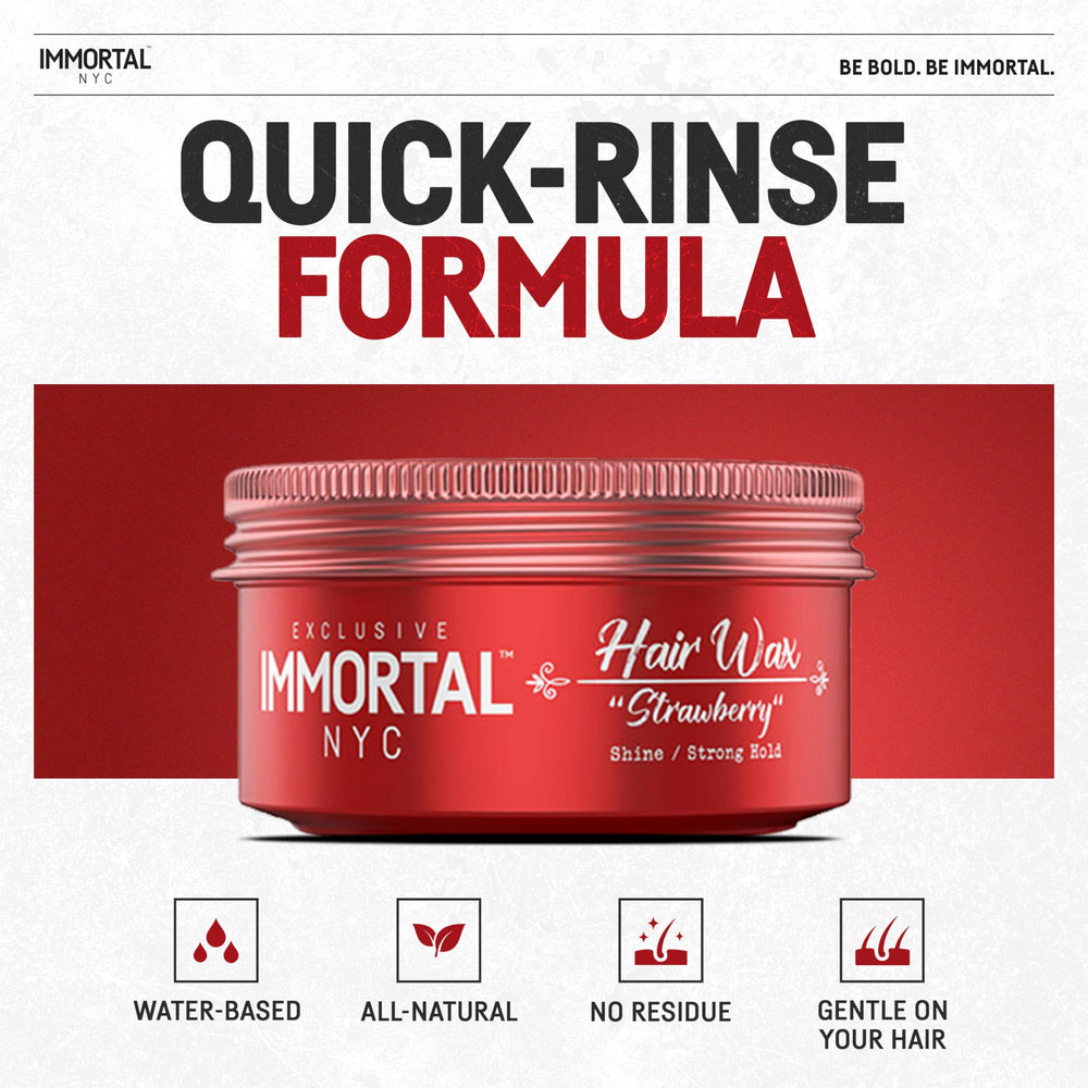 Immortal NYC Strawberry Hair Wax on glossy hair for dramatic finish.