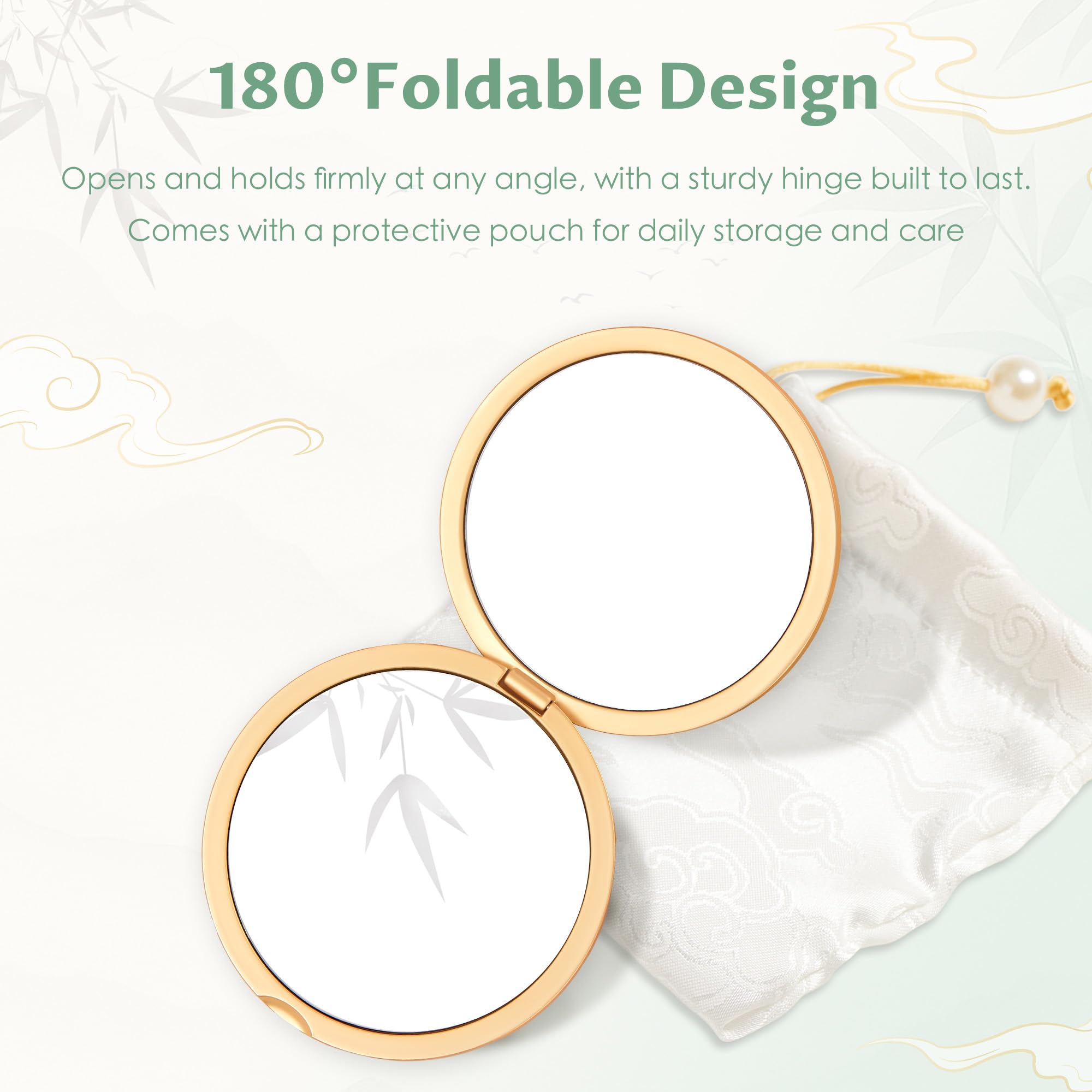 Imperblooms compact mirror featuring 180-degree hinge for easy angle adjustment.