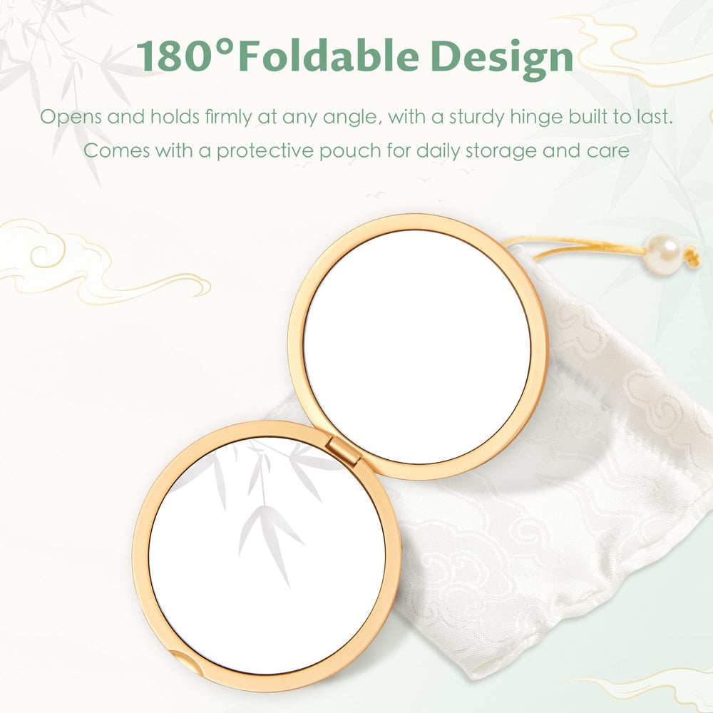 Imperblooms compact mirror featuring 180-degree hinge for easy angle adjustment.