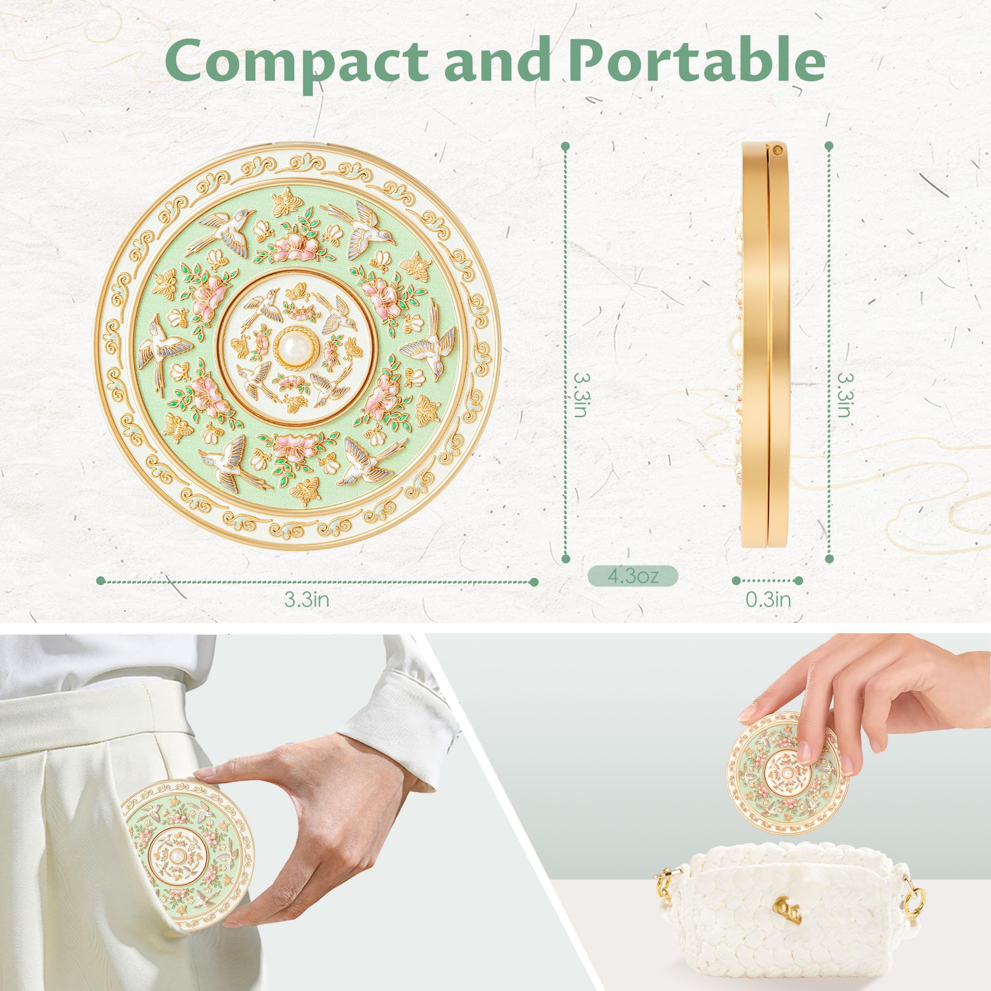 Imperblooms compact mirror with dual magnification aids precise makeup checks on the go.