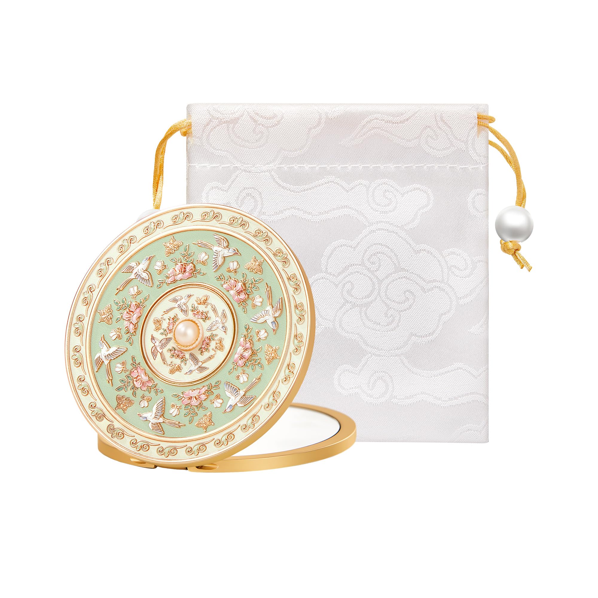 Imperblooms compact mirror with embossed design, easy purse spotting for daily use.