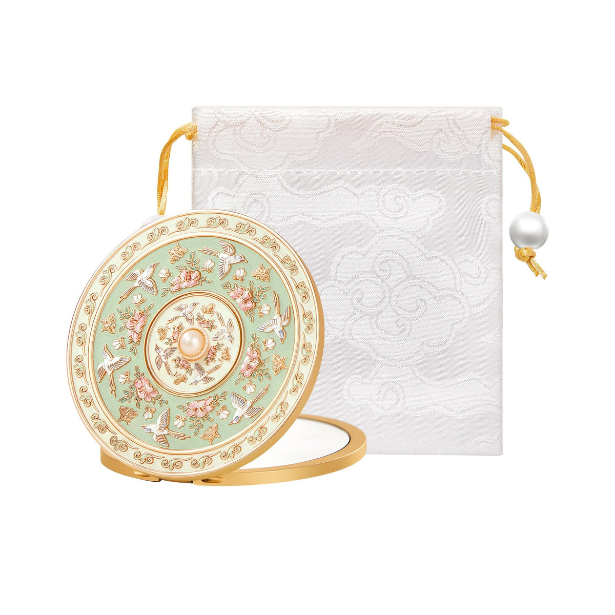 Imperblooms compact mirror with embossed design, easy purse spotting for daily use.
