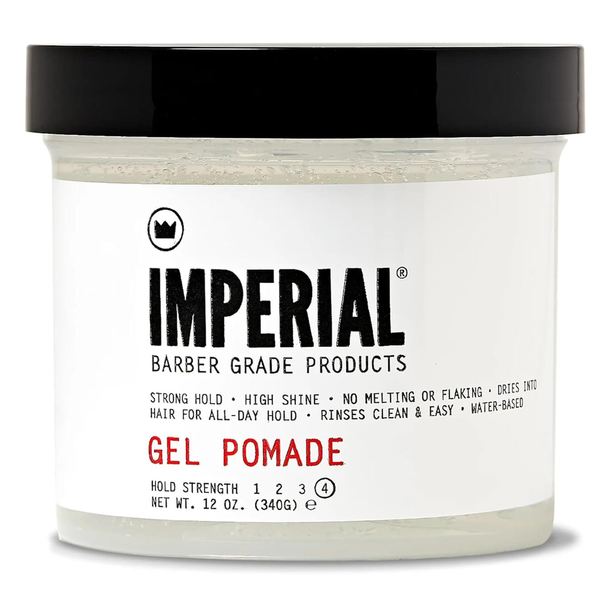 Imperial Gel Pomade bottle offers all-day hold with easy rinse.