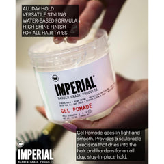 Imperial Gel Pomade hair application demonstrates smooth distribution for control.