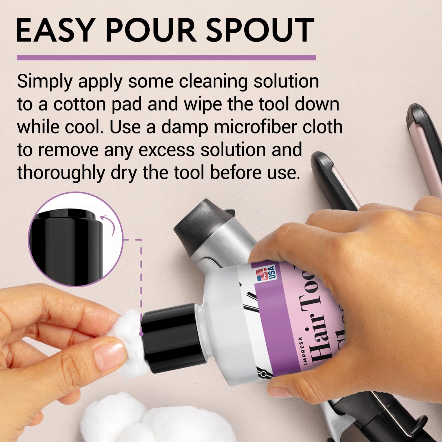 IMPRESA Iron Cleaner on a cotton pad for residue removal.