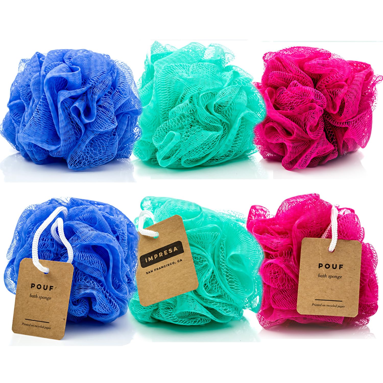 IMPRESA Mesh Bath Loofah Sponges front view; compact 5-inch scrubber for gentle exfoliation