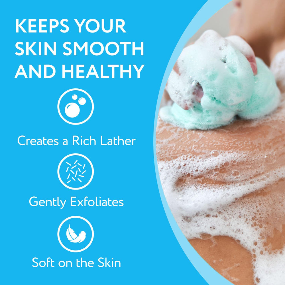 IMPRESA Mesh Bath Loofah Sponges in-hand use shows comfortable grip during shower routine