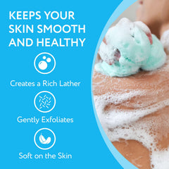 IMPRESA Mesh Bath Loofah Sponges in-hand use shows comfortable grip during shower routine