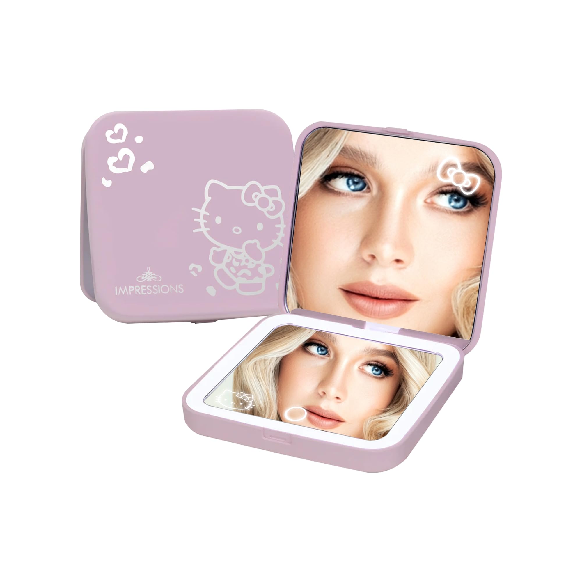 Impressions Vanity Hello Kitty Supercute compact mirror pink front view with adjustable LED brightness for makeup