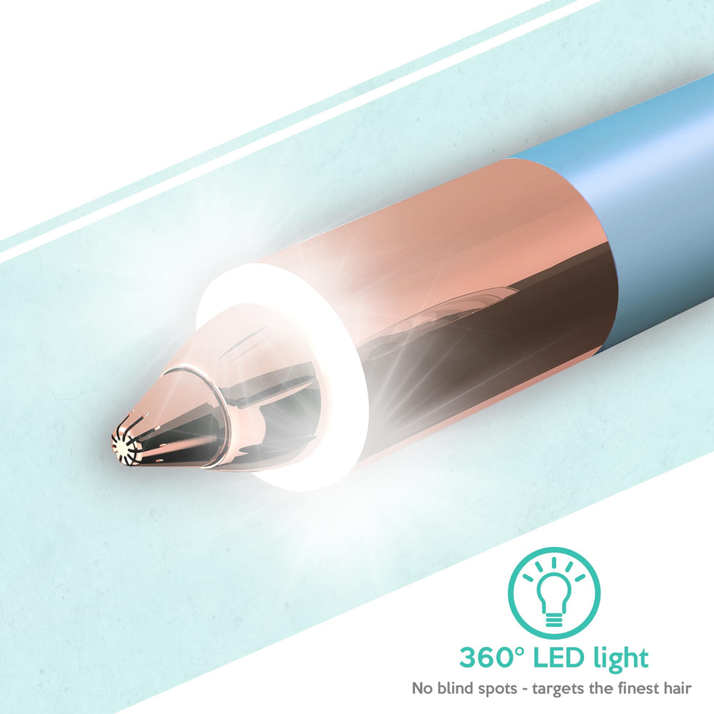 iMusthav 360 LED light illuminates skin for thorough facial hair checks.