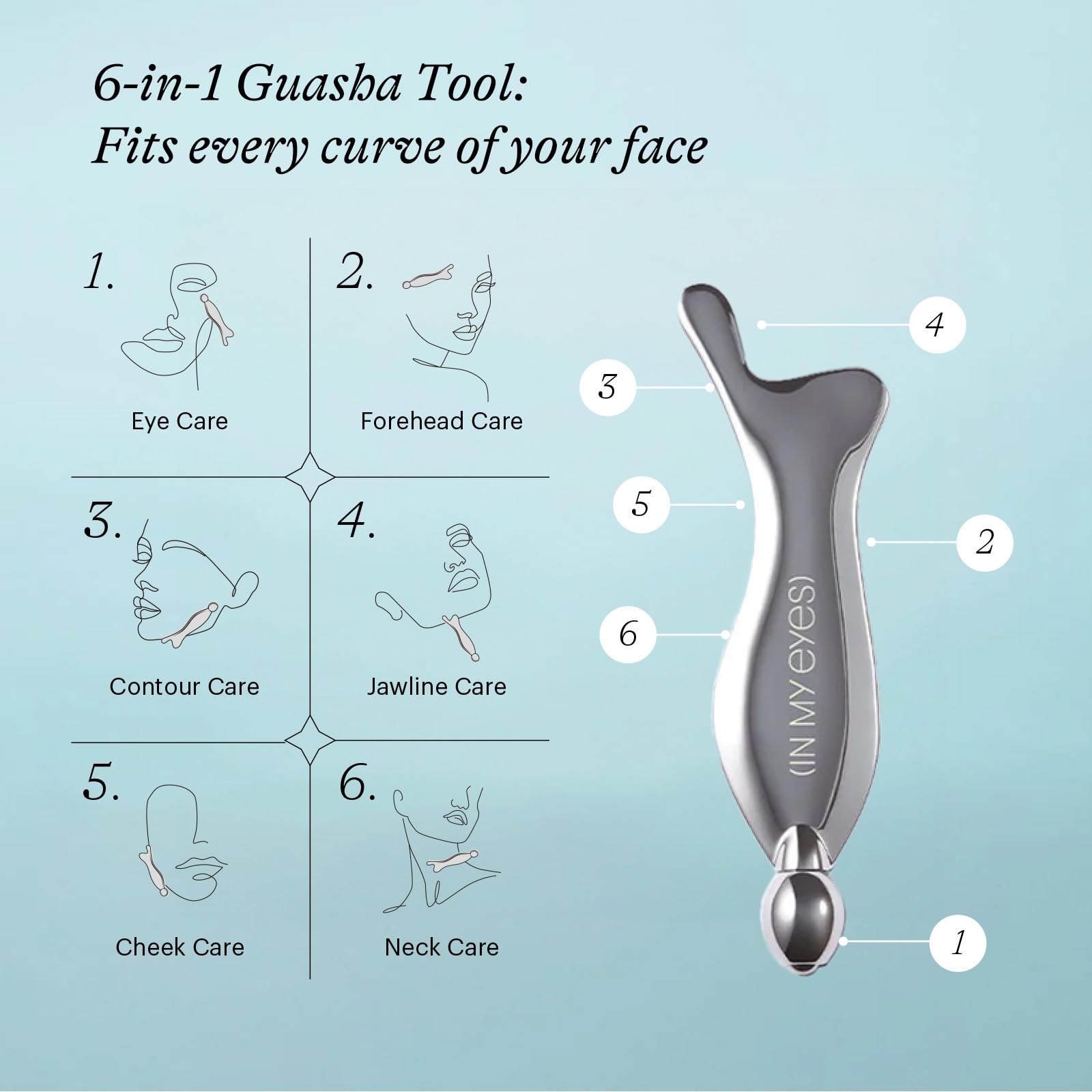 In My Eyes gua sha stainless-steel surface for cold and hot therapy routines.
