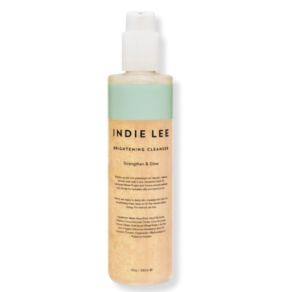 Indie Lee Brightening Cleanser bottle for gentle daily makeup removal.